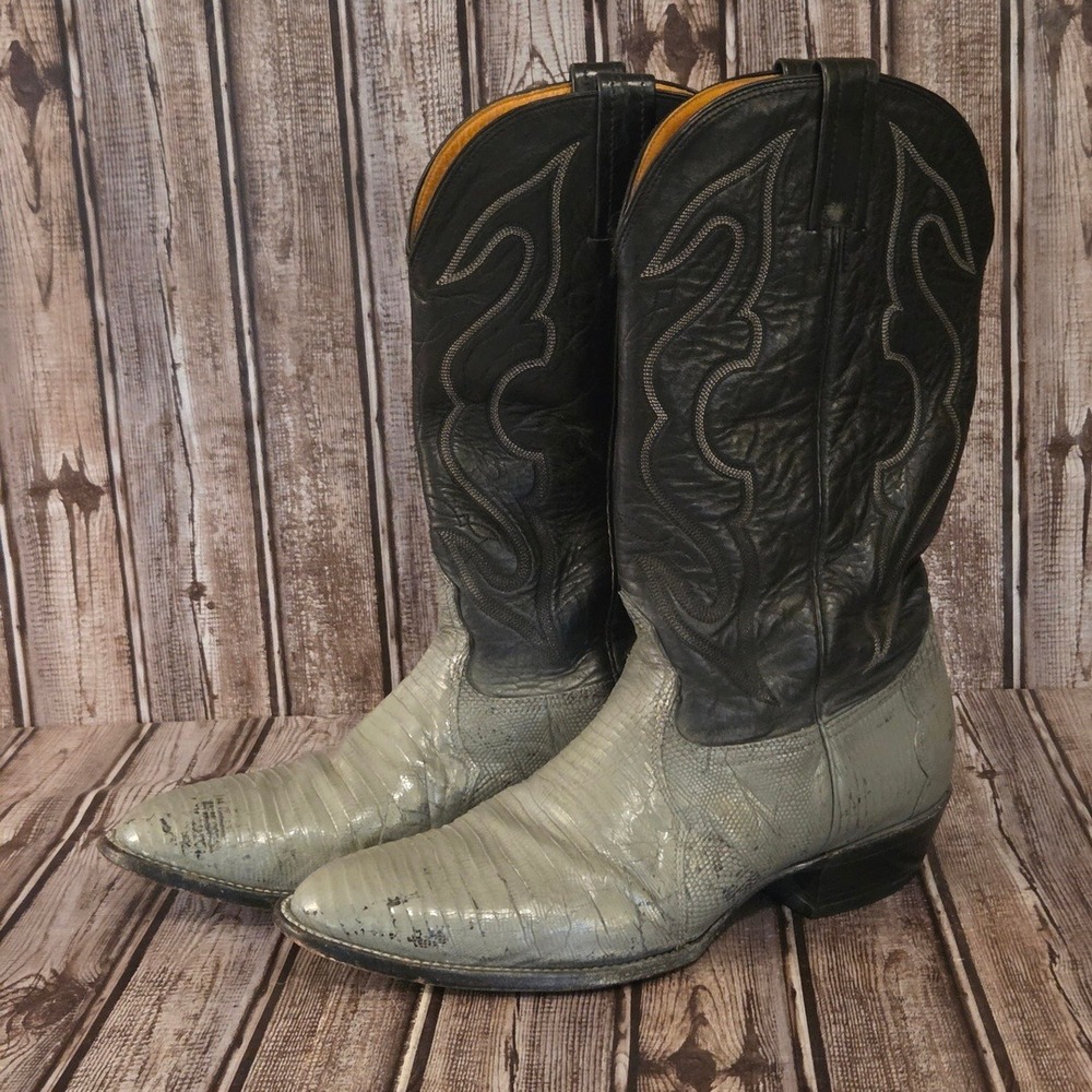 Sz 11 D Mens Nocona Teju Lizard Cowboy Boots Painted Grey Black Western Exotic
